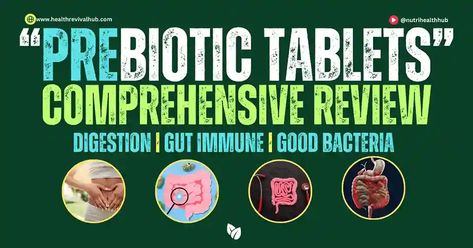 Prebiotic tablets for gut health displayed on a wooden table with fresh fruits and vegetables, highlighting their role in improving digestion and immunity."