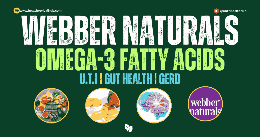 Webber Naturals Omega-3 Fatty Acids: A bottle of Triple Strength 900mg EPA/DHA fish oil supplements surrounded by fresh salmon, flaxseeds, and walnuts, highlighting natural sources of omega-3 fatty acids for heart, brain, and joint health.