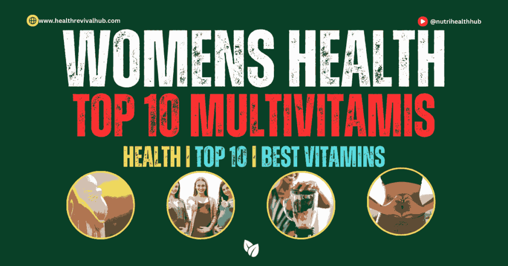 A vibrant illustration of a woman holding a multivitamin bottle, surrounded by fresh fruits, vegetables, and wellness symbols, symbolizing the importance of nutrition and self-care for women's health.