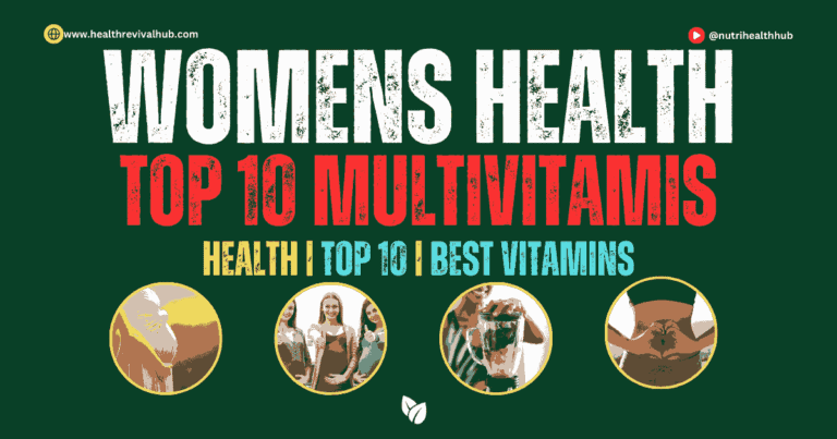 A vibrant illustration of a woman holding a multivitamin bottle, surrounded by fresh fruits, vegetables, and wellness symbols, symbolizing the importance of nutrition and self-care for women's health.