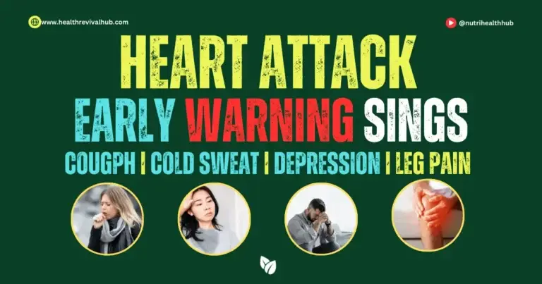 Infographic listing early warning signs of a heart attack, including cough, cold sweats, depression, leg pain, and fatigue, with heart health awareness icons.