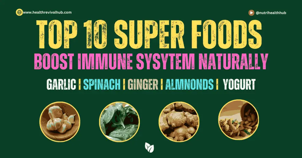 Top 10 Superfoods to Boost Immune System Naturally - Garlic, Spinach, Ginger, Almonds, Yogurt.