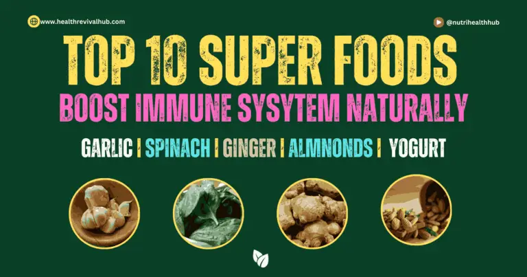Top 10 Superfoods to Boost Immune System Naturally - Garlic, Spinach, Ginger, Almonds, Yogurt.
