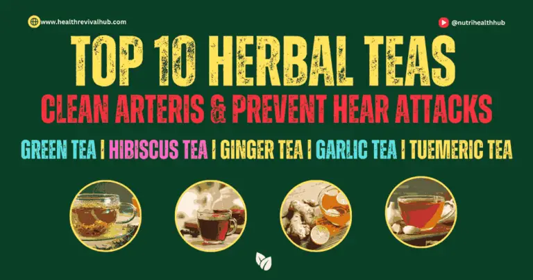 Top 10 Herbal Teas to Clean Arteries and Prevent Heart Attacks - Featuring green tea, hibiscus tea, ginger tea, garlic tea, and turmeric tea with vibrant images of herbal teas.