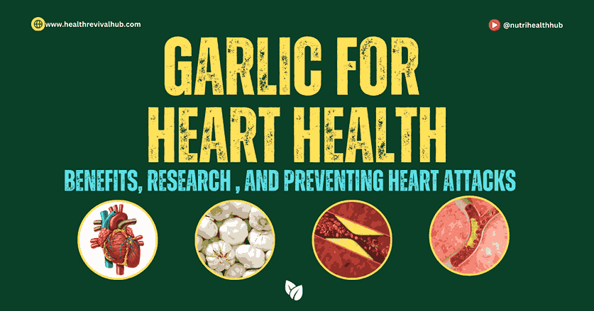 Fresh garlic bulbs and cloves on a wooden table, highlighting the natural benefits of Garlic for Heart Health, cholesterol reduction, and blood pressure management.