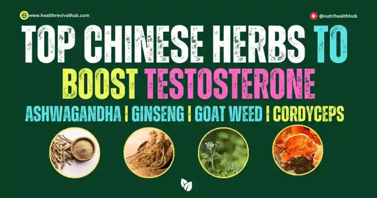 Top 5 Chinese Testosterone Booster Herbs - Ginseng, Horny Goat Weed, Cordyceps, Tribulus Terrestris, and Maca Root on a Green Background | Focus on Testosterone Booster Herbs