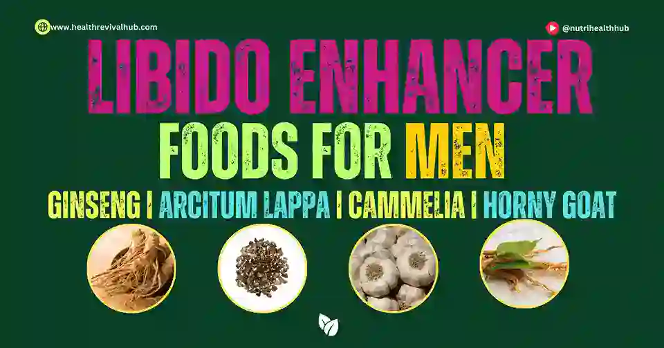 "A variety of libido-enhancer Herbs for men, including fruits, nuts, and vegetables, arranged on a wooden table."