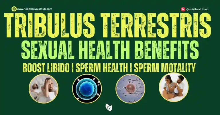 A close-up of Tribulus Terrestris plant and supplement capsules with text overlay highlighting 'Testosterone Booster,' 'Male Fertility,' and 'Libido.