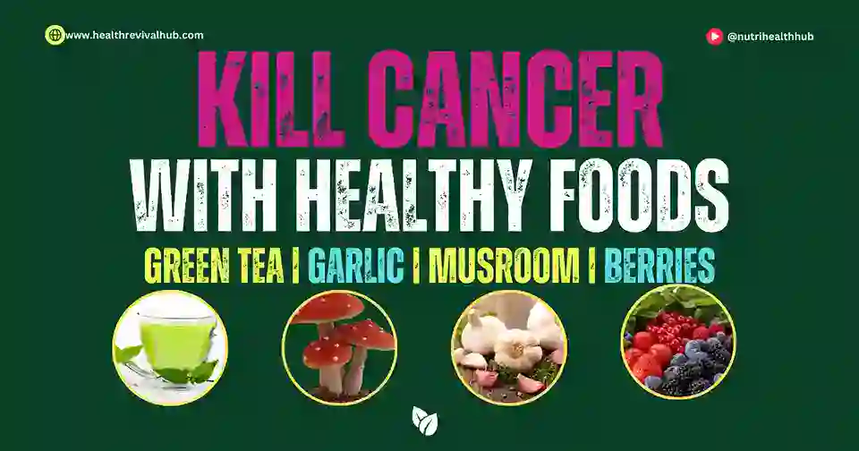 A vibrant plate of top 10 cancer fighting foods including broccoli, berries, turmeric, and tomatoes, to prevent cancer naturally.